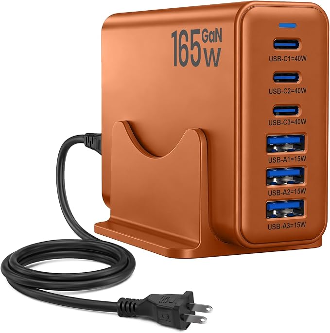 165W GaN Charging Station, 6-Port USB C & USB A Charger, Orange | 165W GaN, 6-Port USB Charging Station, 3x40W USB-C + 3x15W USB-A, ABS+PC, Charge 6 Devices, Home Office Travel by Unknown