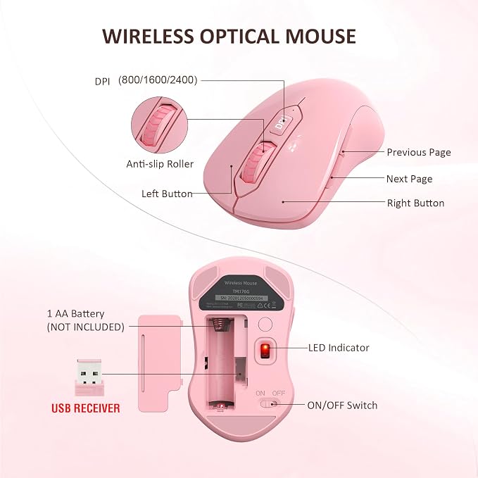 Wireless Keyboard and Mouse Combo, Full-Sized 2.4GHz Wireless Keyboard with Comfortable Palm Rest and Optical Mouse for Windows, Mac OS PC/Desktops/Computer/Laptops (Full Pink) - Image 4