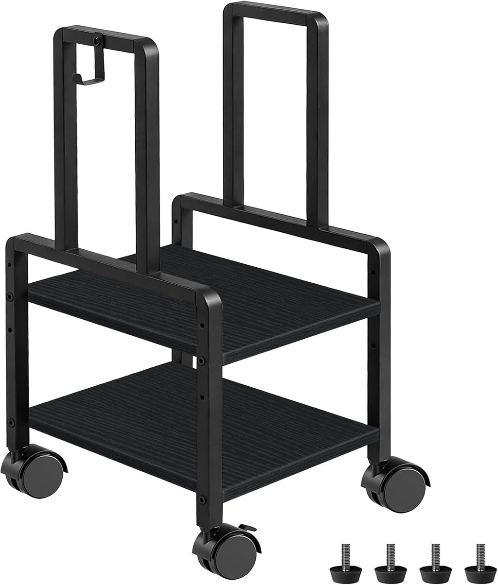 Adjustable 2-Tier PC Stand, Computer Tower Stand with 360° Locking Wheels & Hooks, CPU Cart for Floor, Carpet and Under Desk, 15.2" x 11.8" x 26", Black by ZIIWIND