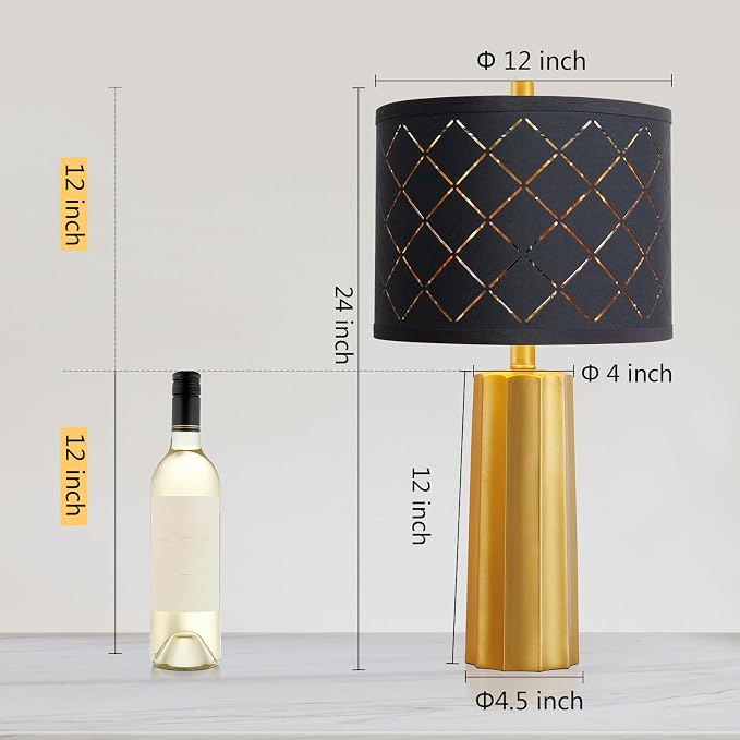 24" Modern Table Lamp for Living Room Bedroom Black Grid Shade | Gold Nightstand Resin Lamps Contemporary Desk Lamps for Bedside End Tables, 2 Bulbs Included (Gold) - Image 2