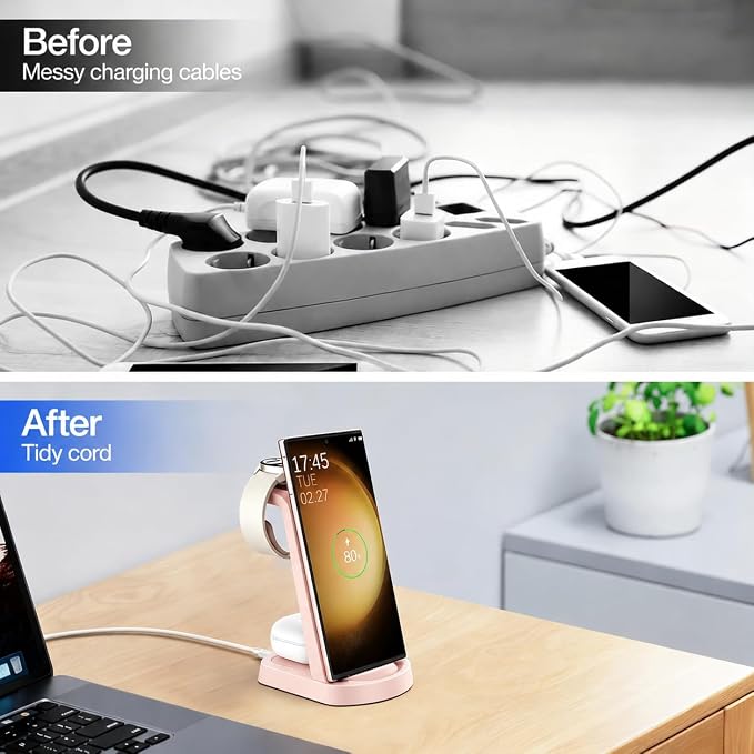 Wireless Charger for Samsung/Android, HOLYJOY 3 in 1 Fast Charging Station/Stand/Multi Charger for Samsung S26 Ultra/S25/Note 20, Travel Pad for Galaxy Watch 8/7/6/5/Active 2, for Buds(Pink) - Image 7