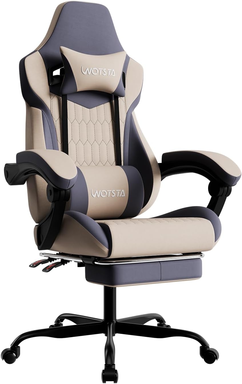 Gaming Chair with Footrest, High Back Gaming Chairs Leather Ergonomic Gamer Chair with Adjustable Headrest Lumbar Support Racing Style Video Gaming Chair for Office/Home (Grey) by WOTSTA