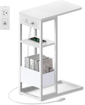 C Shaped End Table with Charging Station, Small Side Table for Couch Recliner, Slide Under Sofa Desk Snack Tables with Storage Bag & AC / USB Outlet, Small Spaces Drink Tables for Living Room, Bedroom by Yuede