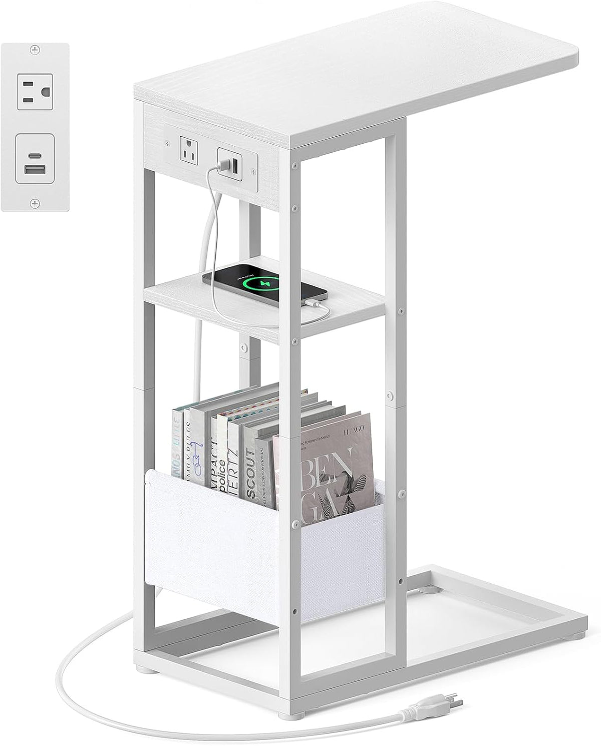 C Shaped End Table with Charging Station, Small Side Table for Couch Recliner, Slide Under Sofa Desk Snack Tables with Storage Bag & AC / USB Outlet, Small Spaces Drink Tables for Living Room, Bedroom by Yuede