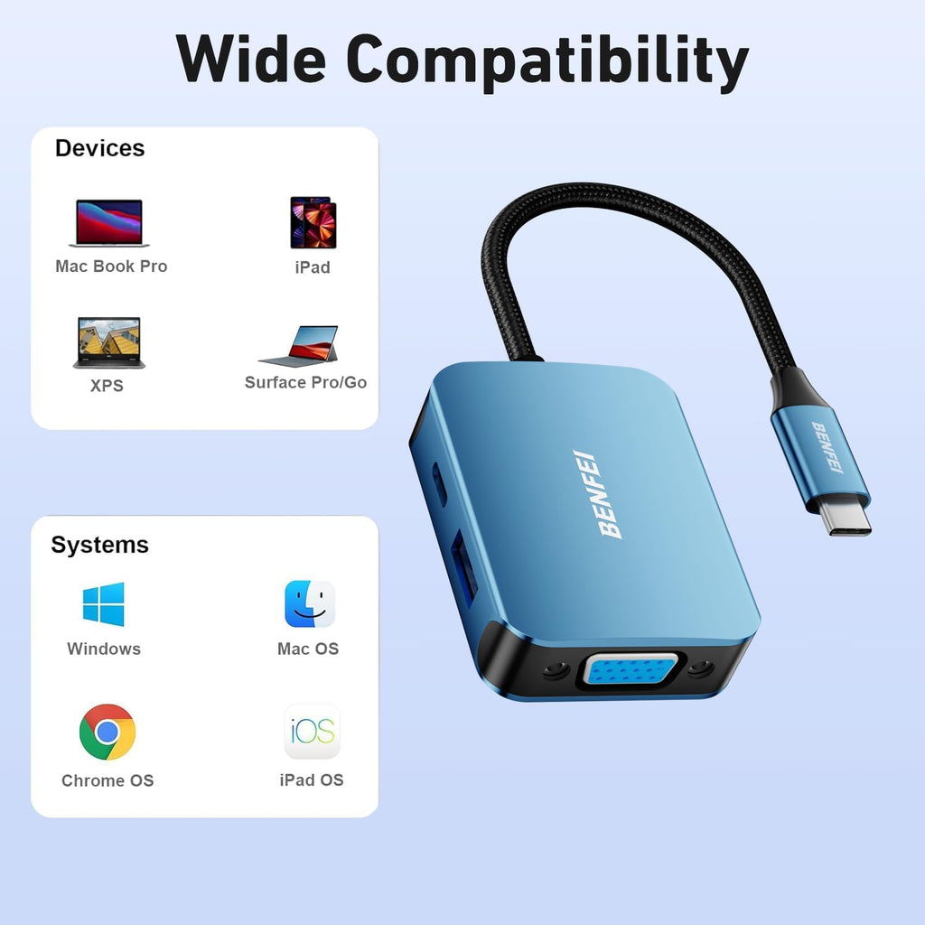 BENFEI USB C HUB 4in1, USB Type-C to HDMI VGA Adapter,USB C to USB Adapter - Image 8