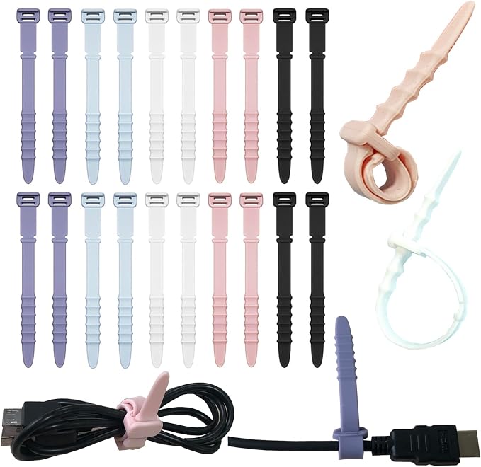 Silicone Zip Ties, Reusable Zip Ties, 20pcs Rubber Cable Ties Straps for Wire Management, Elastic Cable Organizer for Home Office Table Desk. 4.5” Cord Ties in White, Black, Pink, Purple and Blue by GELIAL