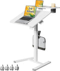 24" Mobile Standing Desk, Tiltable Top with 2-Tier Shelves, White | Pneumatic Rolling Desk, Adjustable Height Small Computer Workstation, Portable Drafting Table with Locking and Hidden Wheels by LiftSync