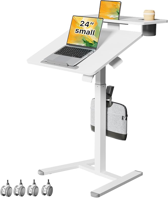24" Mobile Standing Desk, Tiltable Top with 2-Tier Shelves, White | Pneumatic Rolling Desk, Adjustable Height Small Computer Workstation, Portable Drafting Table with Locking and Hidden Wheels by LiftSync