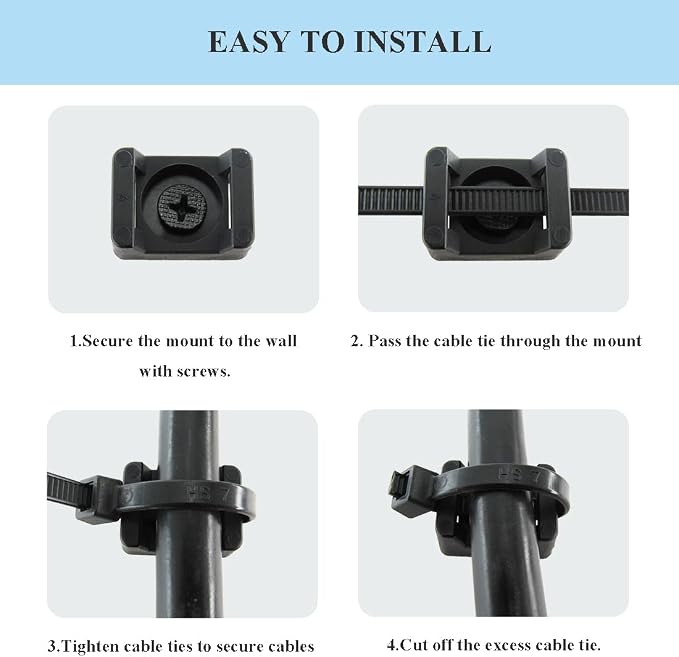 HS Saddle Type Cable Zip Tie Mounts Base Kit with Screw Hole,Set Strong 6 Inch Nylon Cable Ties and Screws Each 100 PCS,Wire Clips Anchor Management Fastener for Baseborad,Wall or Desk,Black - Image 3