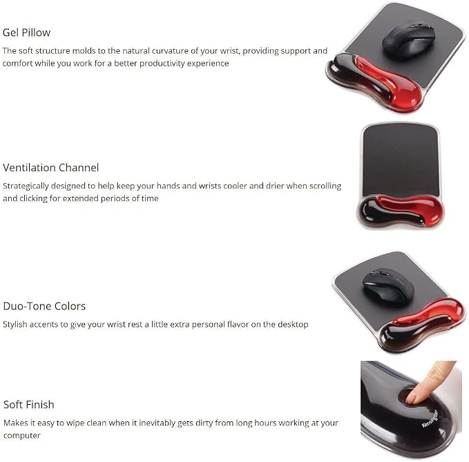 Kensington Duo Gel Mouse Pad with Wrist Rest - Red (K62402AM) | Ergonomic gel cushioning, non-skid backing, supports wrist during extended mouse use - Image 8