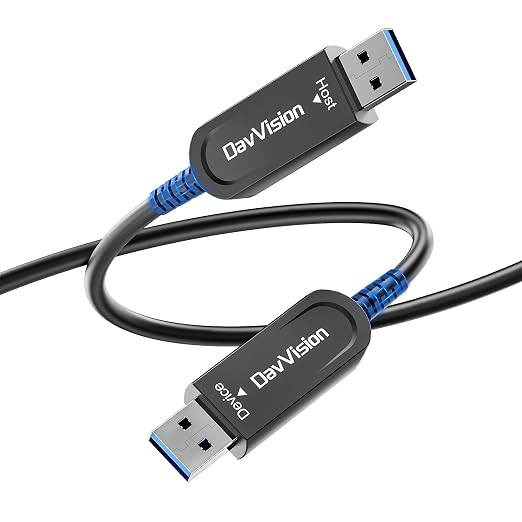 USB A to USB A Cable 50 FT, Fiber Optic USB Cable Male to Male 10Gbps(No Power), Long-Distance USB Host-Device Connection for KVM Extension,Embedded Control Systems,Remote Device Management by DavVision