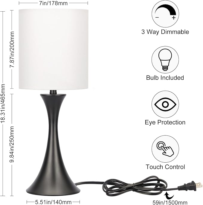 3 Way Touch Control Table Lamp, Modern Bedside Lamp for Bedroom, Dimmable Black Nightstand Lamp White Shade Desk Reading Light for Living Room Office Dorm, 3000K LED Bulb Included - Image 2