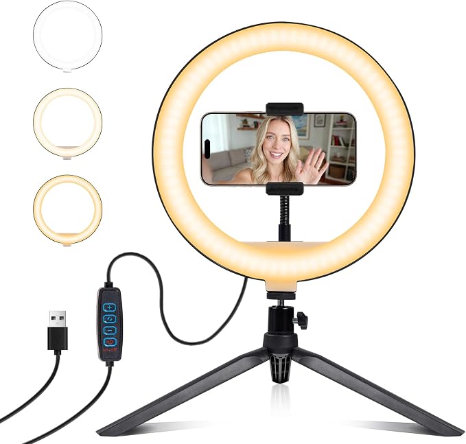 Selfie Ring Light 10" with Tripod Stand and Phone Holder, LED Ring Light for Desk with 3 Light Modes & 11 Brightness Level for Selfie, YouTube, Makeup, Live Streaming, TIKTOK by Unknown