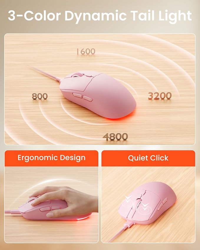 EWEADN Wired Keyboard and Mouse Combo with Detachable Wrist Rest, Quiet Ergonomic Keyboard Mouse Set with Multimedia Knob, RGB Backlit, Double-Shot Keycaps Natural Typing for Laptop, PC - Pink - Image 7