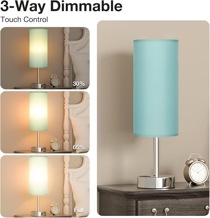 Teal Touch Table Lamp for Bedroom - Bedside Desk Lamp for College Dorm | USB A+C Ports, 3-Way Dimmable, LED Bulb Included, Teal Fabric Lampshade, Silver Metal Base, Compact 14" Night Stand Lamp - Image 2