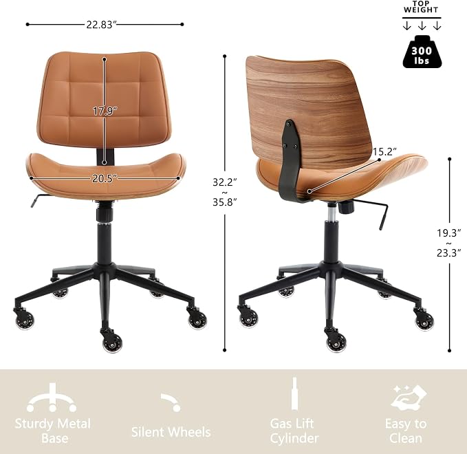 Home Office Desk Chair with Rubber Wheels, Armless Bentwood, Brown | Adjustable Height Armless Office Chair, PU Leather Mid Back 360°Small Computer Chair, No Arms Walnut Seating, 300LBS Support - Image 2