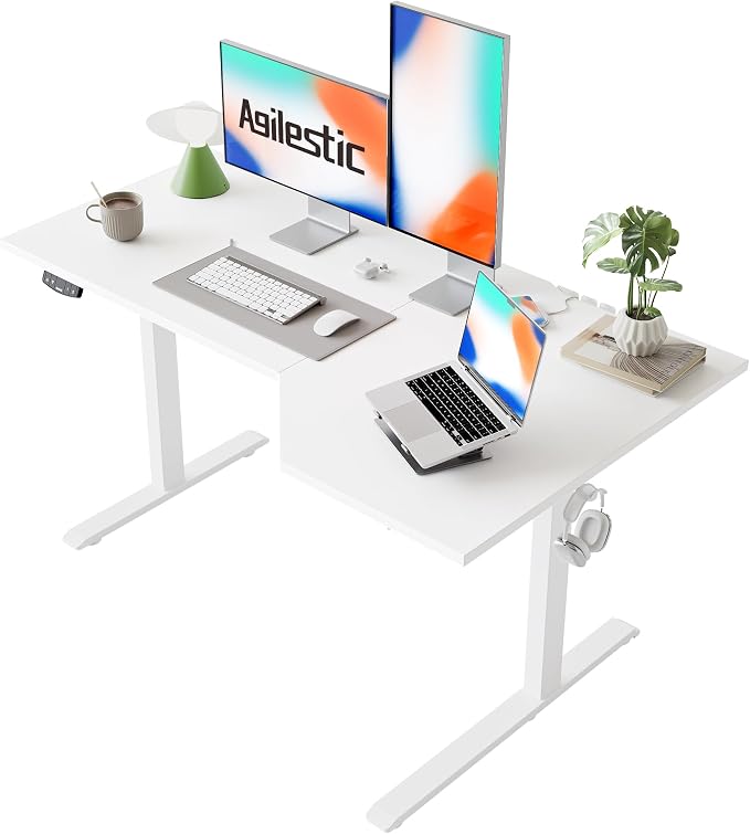 Agilestic 55 x 32 Inch Corner L Shaped Electric Standing Desk, White | Electric Height Adjustable, L-shape Workspace, Sturdy Steel Frame, Memory Preset, Hooks, 154 lbs, Easy Assembly, Splice Board by Agilestic