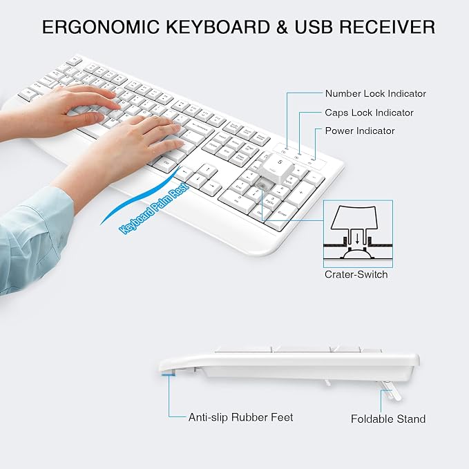Wireless Keyboard and Mouse Combo, Full-Sized 2.4GHz Wireless Keyboard with Comfortable Palm Rest and Optical Mouse for Windows, Mac OS PC/Desktops/Computer/Laptops (White) - Image 2