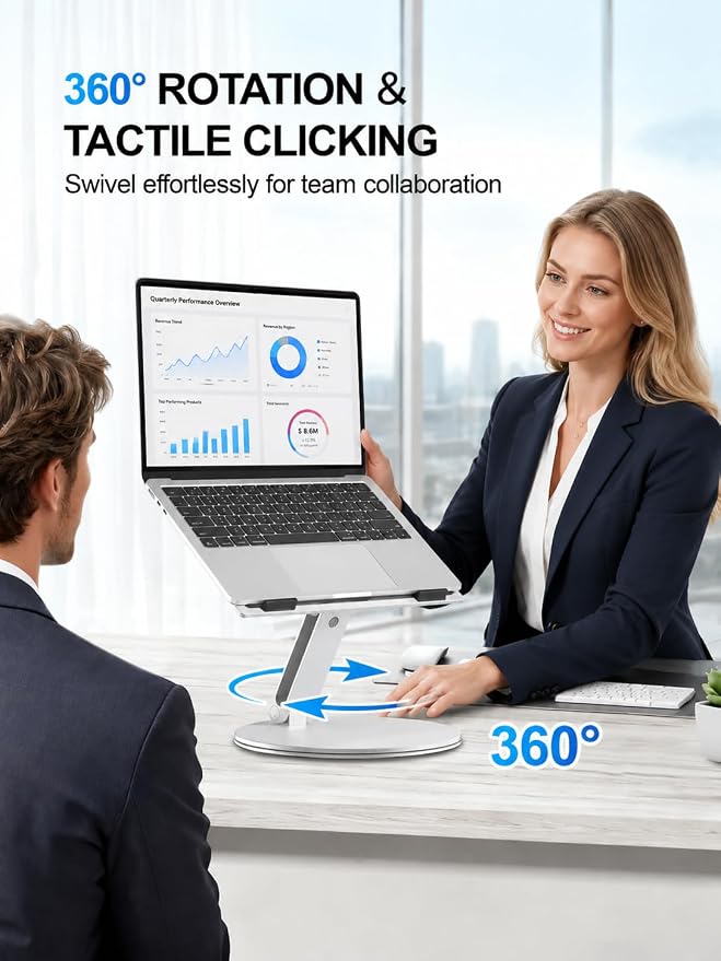 YICOSUN Laptop Stand for Desk, 360° Rotating Height Adjustable Computer Stand, Ergonomic Aluminum Laptop Riser with Ventilated Cooling, Foldable for 10-16 inch MacBook Pro Air Neo Dell HP - Silver - Image 3