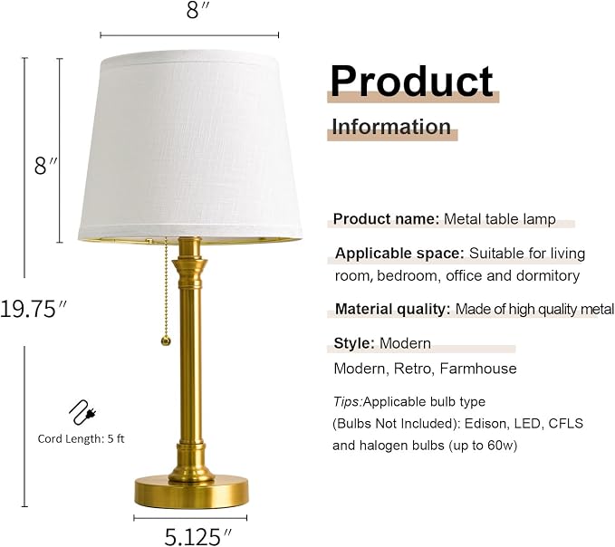 19.5" Small Table Lamp for Bedroom, Modern Brass Gold Lamp, USB A+C | Pull Chain Switch Bedside Table Lamps, White Shade, Small Nightstand Lamps for Living Room End Table & Desk Light - Image 9