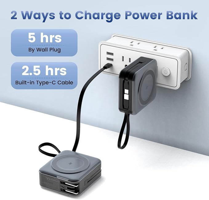 for Magsafe Portable Charger with AC Wall Plug, 6-in-1 Magnetic Wireless Power Bank 10000mAh Built-in Cables, 22.5W Type-C in&Out Fast Charging Battery Pack for iPhone 17/16/15/14/13/12 Series, Gray - Image 5