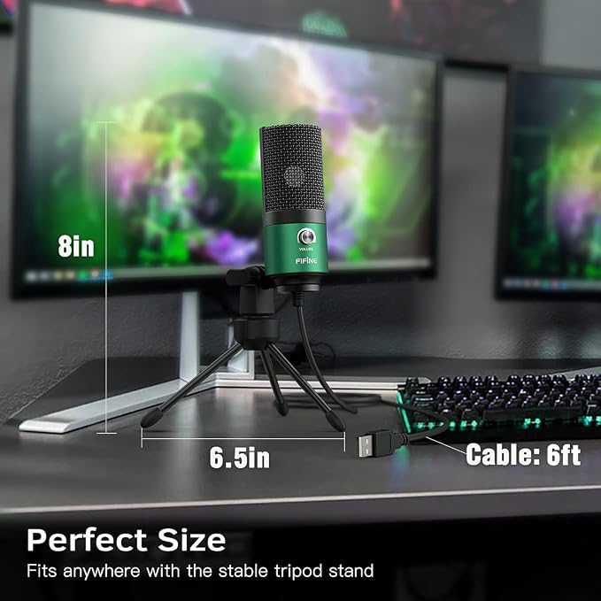 FIFINE K669 Green USB Condenser Microphone for Recording, Video Conference | Computer PC Mic with Gain Control, USB Cable for Streaming, Podcasting, Twitch, Discord - Image 7