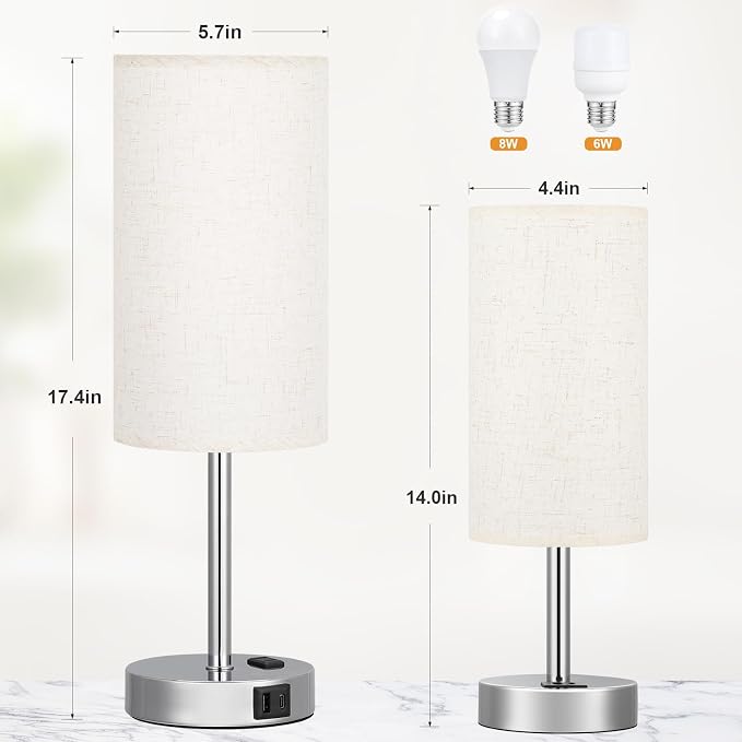 White Touch Table Lamp for Bedroom - Bedside Desk Lamp for Dorm Study | 17" Night Stand Lamp, USB A+C Ports, 3-Way Dimmable, LED Bulb Included, White Linen-Texture Shade, Sleek Silver Metal Baset - Image 2