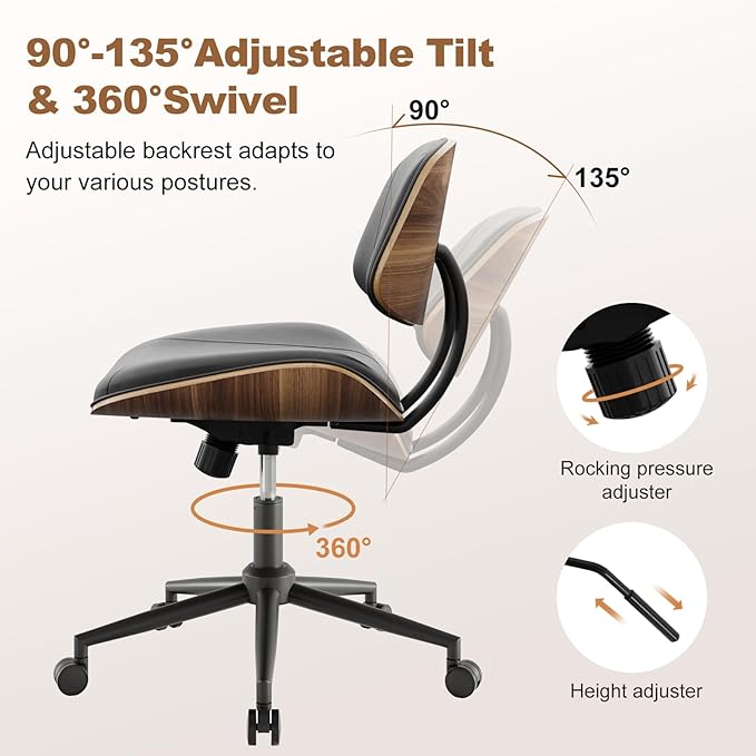 Armless Office Chair with Wheels, PU Leather Desk Chair, Black | Adjustable Height Task Chair, 360° Swivel Ergonomic Computer Chair for Small Space, Modern Walnut Style, Home & Meeting Room - Image 3