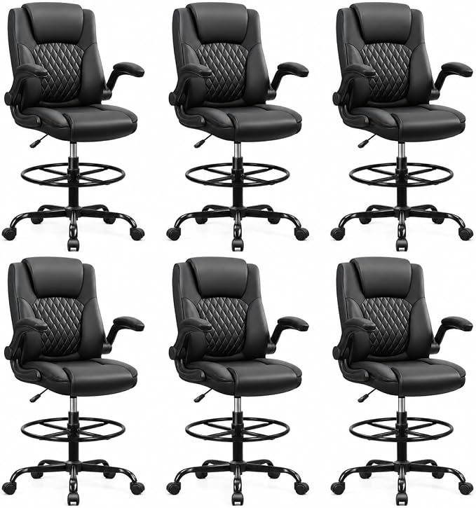 Drafting Chair, Tall Office Chair for Standing Desk, High Executive Leather Ergonomic Computer Chair with Adjustable Height and Flip-Up Armrest for Counter Height Desk, Black, Pack of 6 by BrickAttic