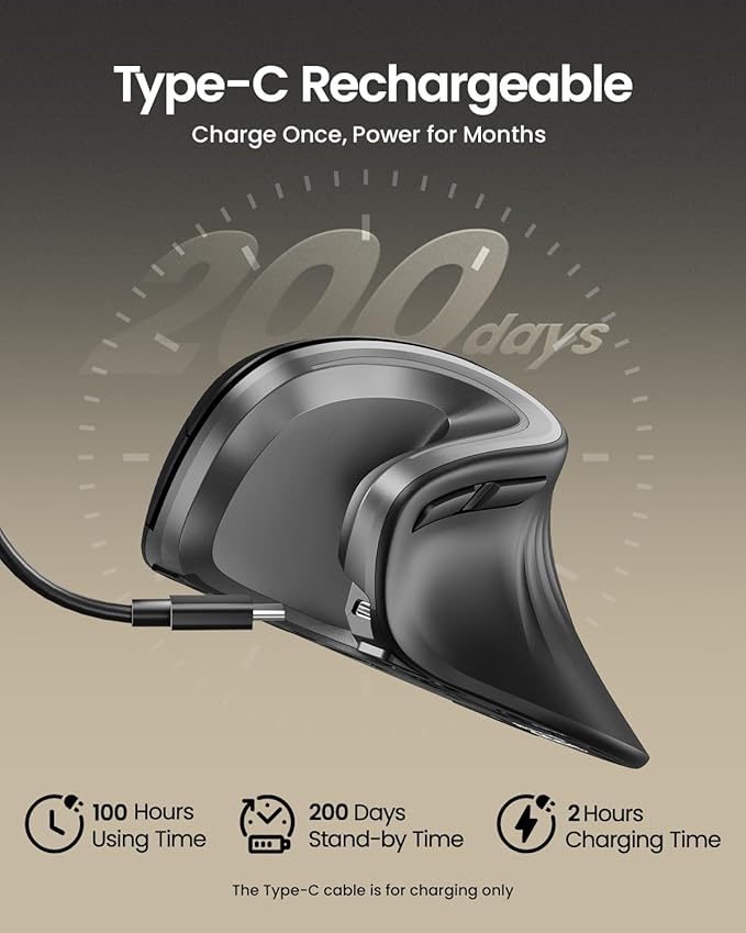 ProtoArc EM11 NL Wireless Ergonomic Vertical Mouse, Rechargeable, Gray | 58° vertical design supports a natural wrist posture, connect 3 devices via Bluetooth/2.4G USB-A, 500mAh USB-C rechargeable. - Image 2