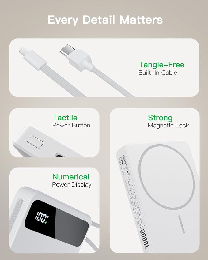 Magnetic Power Bank, 10,000mAh Wireless Portable Charger for Mag-Safe 15W Fast Charging, Battery Pack with USB-C Cable 20W in/Out for iPhone Air/17/16/15/14/13/12/Plus/Pro/Pro Max, AirPods & More - Image 8