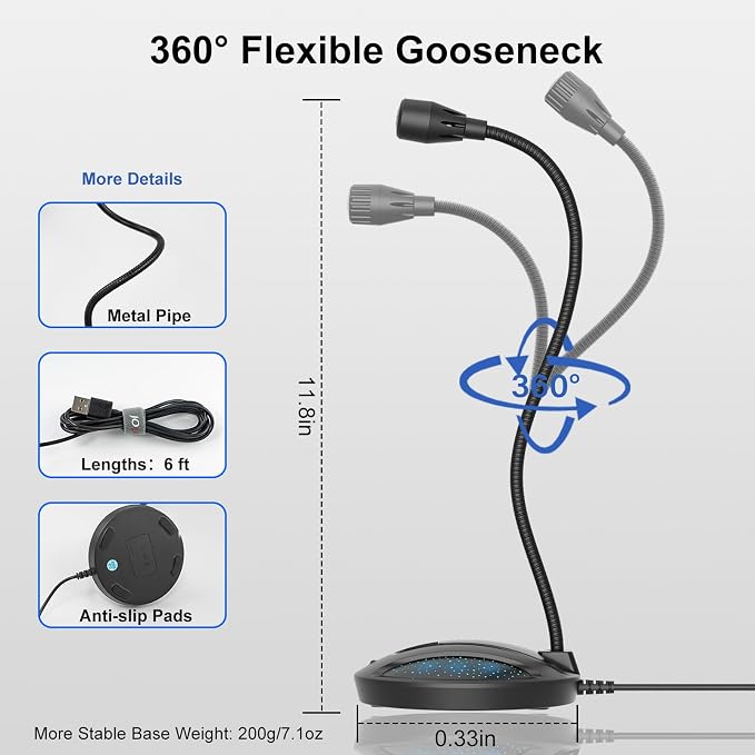 Plug & Play USB Computer Microphone, Flexible Gooseneck Desk Microphone for Podcasting, Streaming, Conference, Noise Canceling Microphone with Mute Button LED for PC/Mac - Image 6