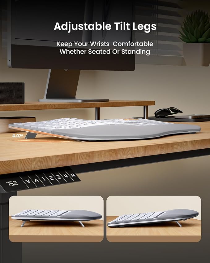 ProtoArc EKM01 Plus Wireless Ergonomic Keyboard Mouse Combo - White Silver | Full-size Split Keyboard with Cushioned Wrist Rest, Ergonomic Mouse, 3-Device Bluetooth/2.4G, USB-C Rechargeable - Image 4