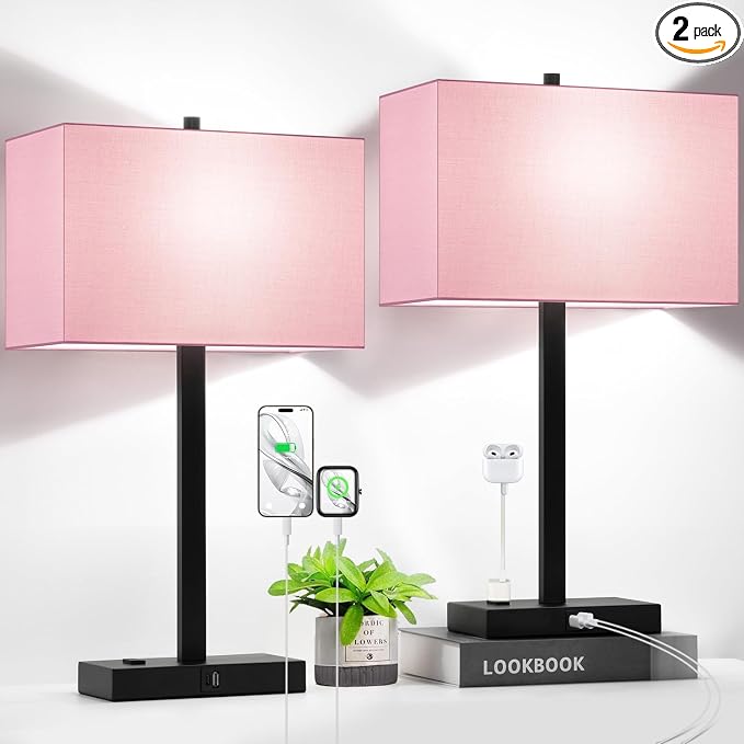 Lynnoland 21" Set of 2 Table lamp with USB A+C & AC Outlets, Touch Control 3-Way Dimmable Nightstand Lamps for Bedroom Living Room Office Reading, Pink Shade Touch Lamps, 5000K LED Bulbs Included by BringBrightnesstoYourLife