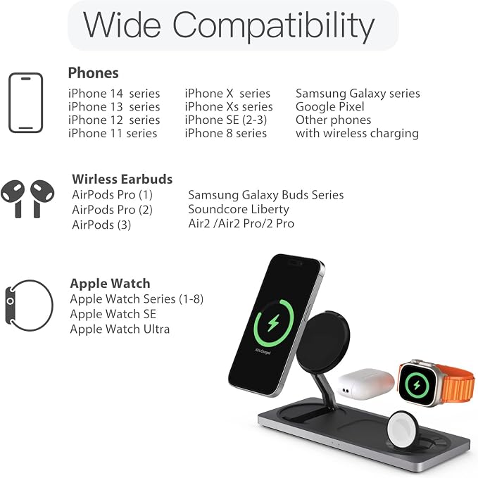3 in 1 Wireless Charging Station for Apple Devices with MagSafe | For iPhone 17/Air/16/15/14/13/12, AirPods & Apple Watch, Foldable Portable Aluminum Charging Stand, Adapter Included - Image 6