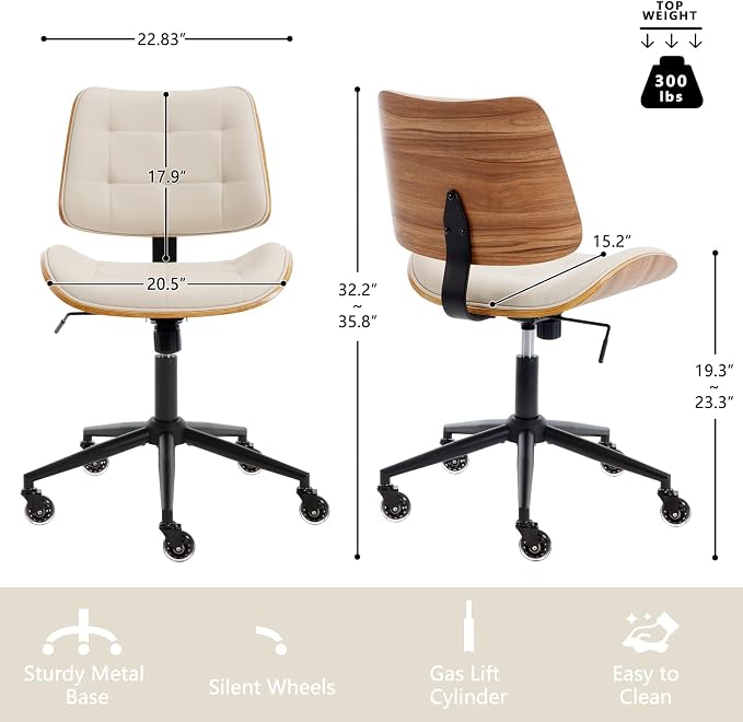 Home Office Desk Chair with Rubber Wheels, Armless Bentwood, Beige | Adjustable Height Armless Office Chair, PU Leather Mid Back 360°Small Computer Chair, No Arms Walnut Seating, 300LBS Support - Image 2