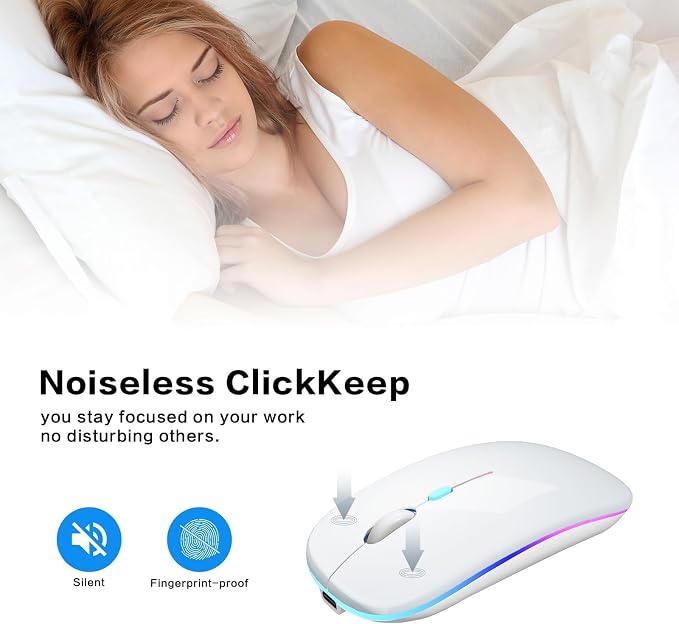 AIKOKOK Wireless Mouse, Bluetooth Mouse Rechargeable Dual Mode, Silver | BT 5.2 & 2.4G USB Receiver,3 Adjustable DPI,LED Lights,Slim,Silent,Portable Computer Mouse for Laptop,PC,MacBook,iPad,Tablet - Image 9
