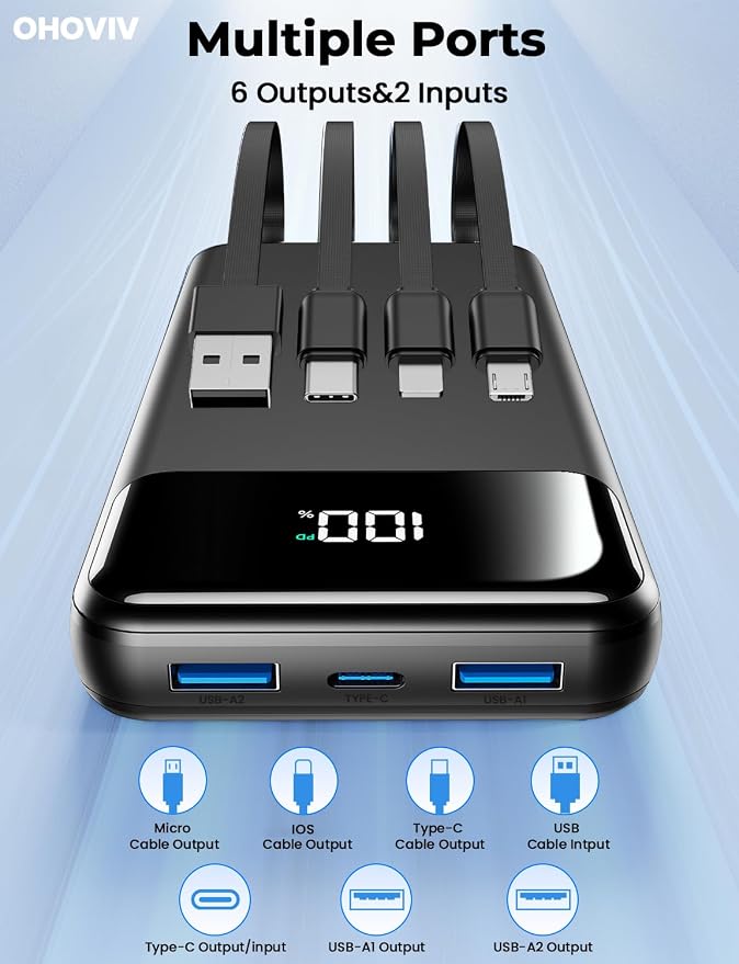 OHOVIV 50000mAh Power Bank, PD22.5W Portable Charger with 4 Built-in Cables | Power 6 Devices at Once,Fast Charging,Travel Camping Must-Have,USB-C Battery Pack for iPhone 17/16/15 Samsung Android,Dark - Image 5