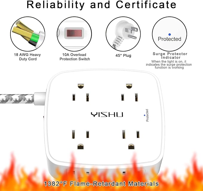 Surge Protector Power Strip - YISHU 8 Outlets with 4 USB (2 USB C) Charging Ports, 6Ft Braided Extension Cord, Flat Plug Multi Plug Outlet Extender Charging Station for Home Office, ETL, White - Image 6