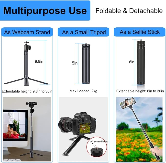 JCWINY 30" Tall Webcam Stand Tripod Extendable Desktop Tabletop Webcam Tripod Web camera Mount Aluminum Desk Tripods Stand for Logitech Brio Webcams C925e C922x C930e C922 C930 C920 C615 iPhone Camera - Image 5