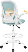 Drafting Chair Tall Office Chair with Flip-up Armrests Executive Ergonomic Computer Standing Desk Chair with Lumbar Support and Adjustable Footrest Ring（Light Blue） by Primy