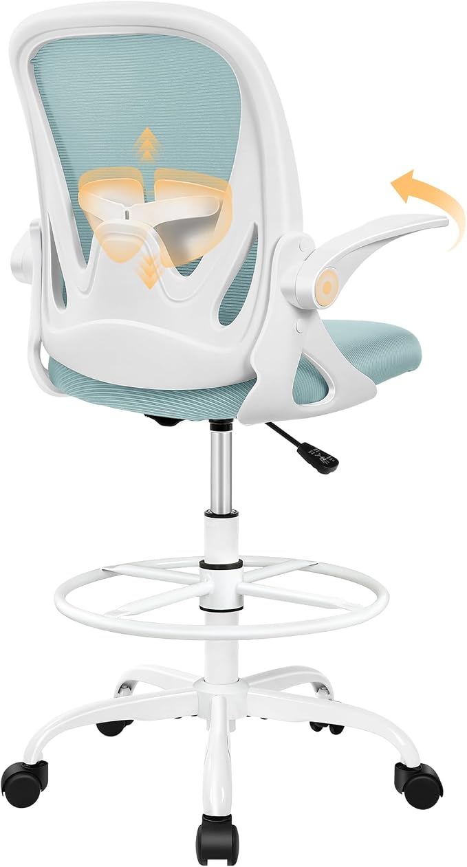 Drafting Chair Tall Office Chair with Flip-up Armrests Executive Ergonomic Computer Standing Desk Chair with Lumbar Support and Adjustable Footrest Ring（Light Blue） by Primy