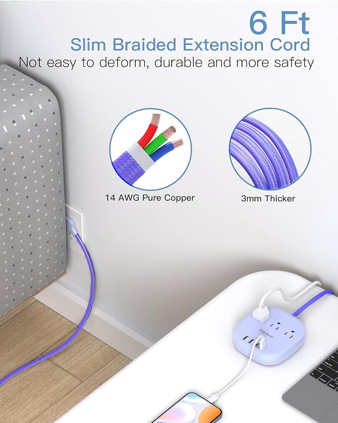 Cruise Ship Travel Essentials, 22.5W/4.5A Flat Plug Power Strip, Purple | 6Ft Extension Cord, 3 Outlets 4 USB Ports (2 USB C) Cruise Approved Power Strip No Surge Protection, Desktop Charging Station - Image 5