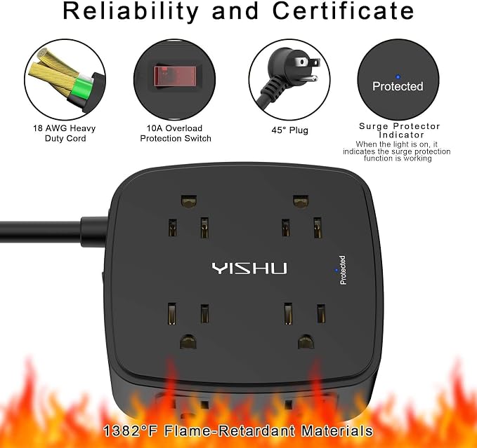 20 Ft Surge Protector Power Strip - 8 Widely Outlets with 4 USB Ports, 3 Side Outlet Extender with 20 Feet Extension Cord, Flat Plug, Wall Mount, Desk USB Charging Station, ETL, Black - Image 6