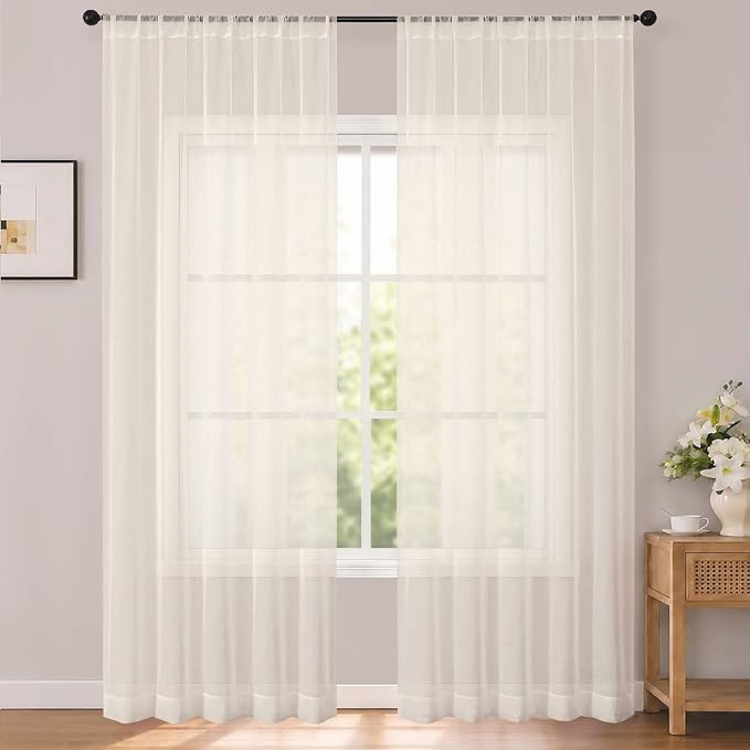 Cream Sheer Curtains 96 Inches Long 2 Panels for Living Room 52 Wide | Elegant Airy Sheer Curtain for Bedroom, Light Filtering Window Treatments, Rod Pocket, 2pcs Each 52" Width x 96" Long by OWENIE