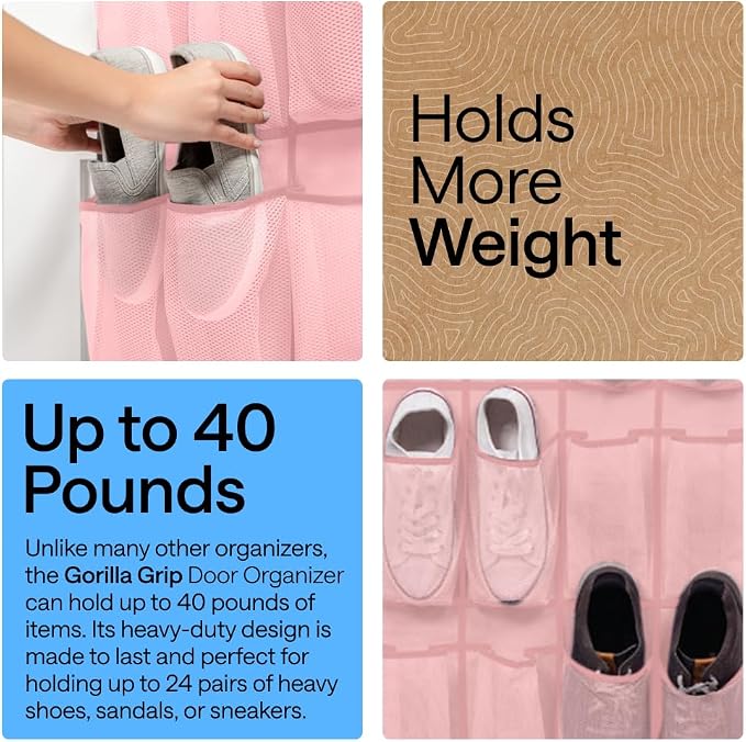 GORILLA GRIP Over the Door Shoe Organizer, 24 Large Pockets, Pink | Breathable Mesh Pocket, Space Saving Hanging Storage Holder, Closet Rack Hanger for Shoes, Pantry and Bathroom Accessories - Image 3