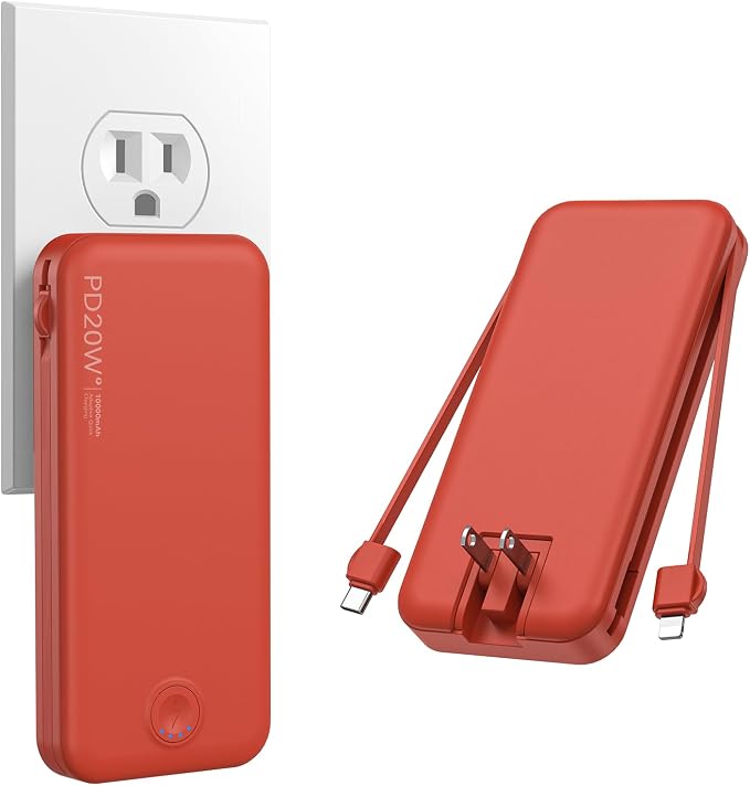 Nusyddy Portable Charger 10000mAh Fast Charging w/Built-in Wall Plug Red | PD20W Fast Charging, LED Indicator, Pass Through Charging, TSA Approved, Compact/Slim, Power Bank for iPhone/iPad/Samsung by NUSYDDY