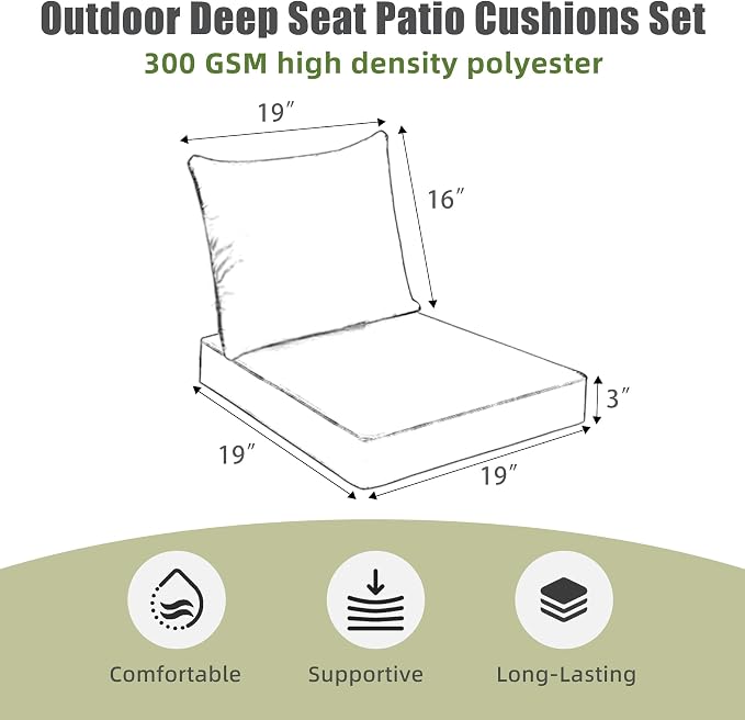Favoyard Outdoor Deep Seat Patio Cushions Set, 19" x 19", Rainproof, Garden | Fade Resistant, Removable Bottom & Back Cushion, Tie Straps for Patio Furniture, Rocking Chair, Sofa Couch, Green Floral - Image 2