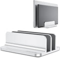 OMOTON Dual Vertical Desk Laptop Stand Holder, Fits MacBook Air/Pro, Silver | Aluminum Laptop Storage Rack for Desk, Adjustable Dock for Up to 17.3 in. Gaming Laptop, Space-Saving Desk Organizer by OMOTON