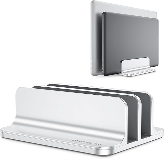 OMOTON Dual Vertical Desk Laptop Stand Holder, Fits MacBook Air/Pro, Silver | Aluminum Laptop Storage Rack for Desk, Adjustable Dock for Up to 17.3 in. Gaming Laptop, Space-Saving Desk Organizer by OMOTON